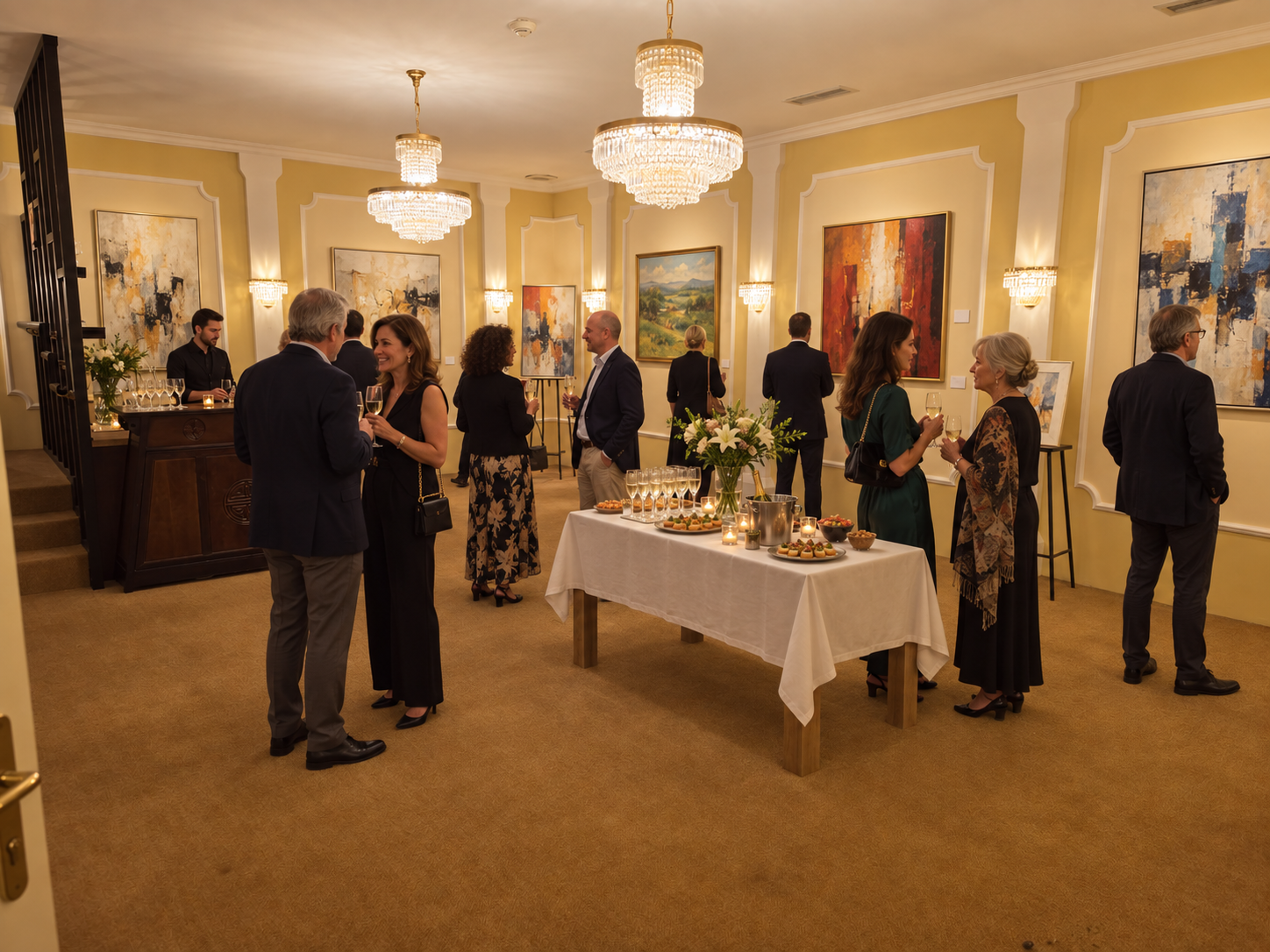 Gäste betrachten Kunst bei einer Vernissage in der Residenz